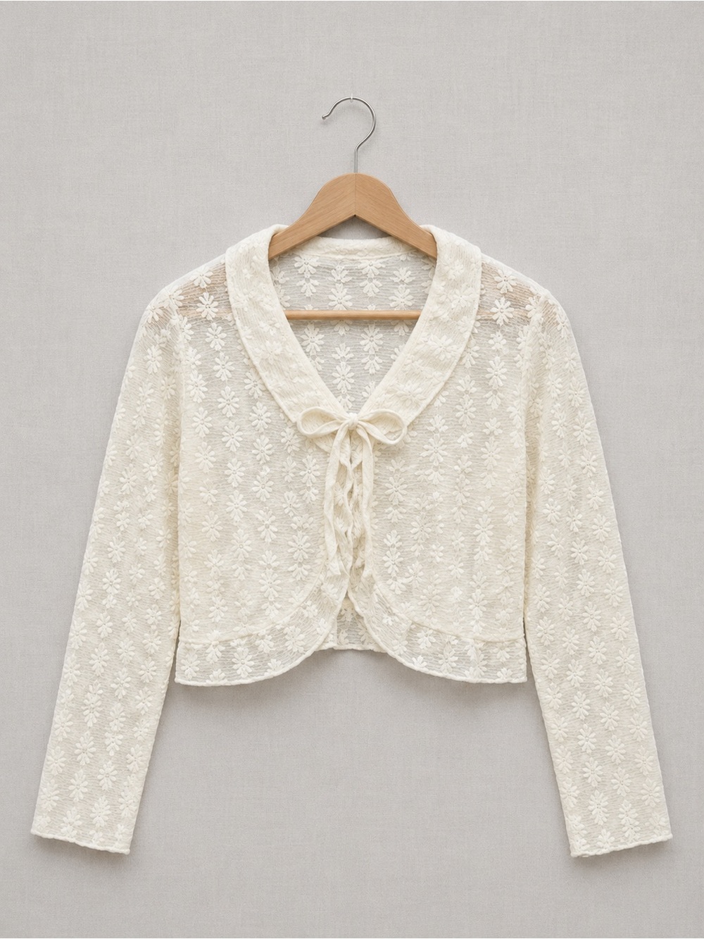 🍒3/33$ Sheer Floral Lace Tie-Front Cropped Cardigan - Cream